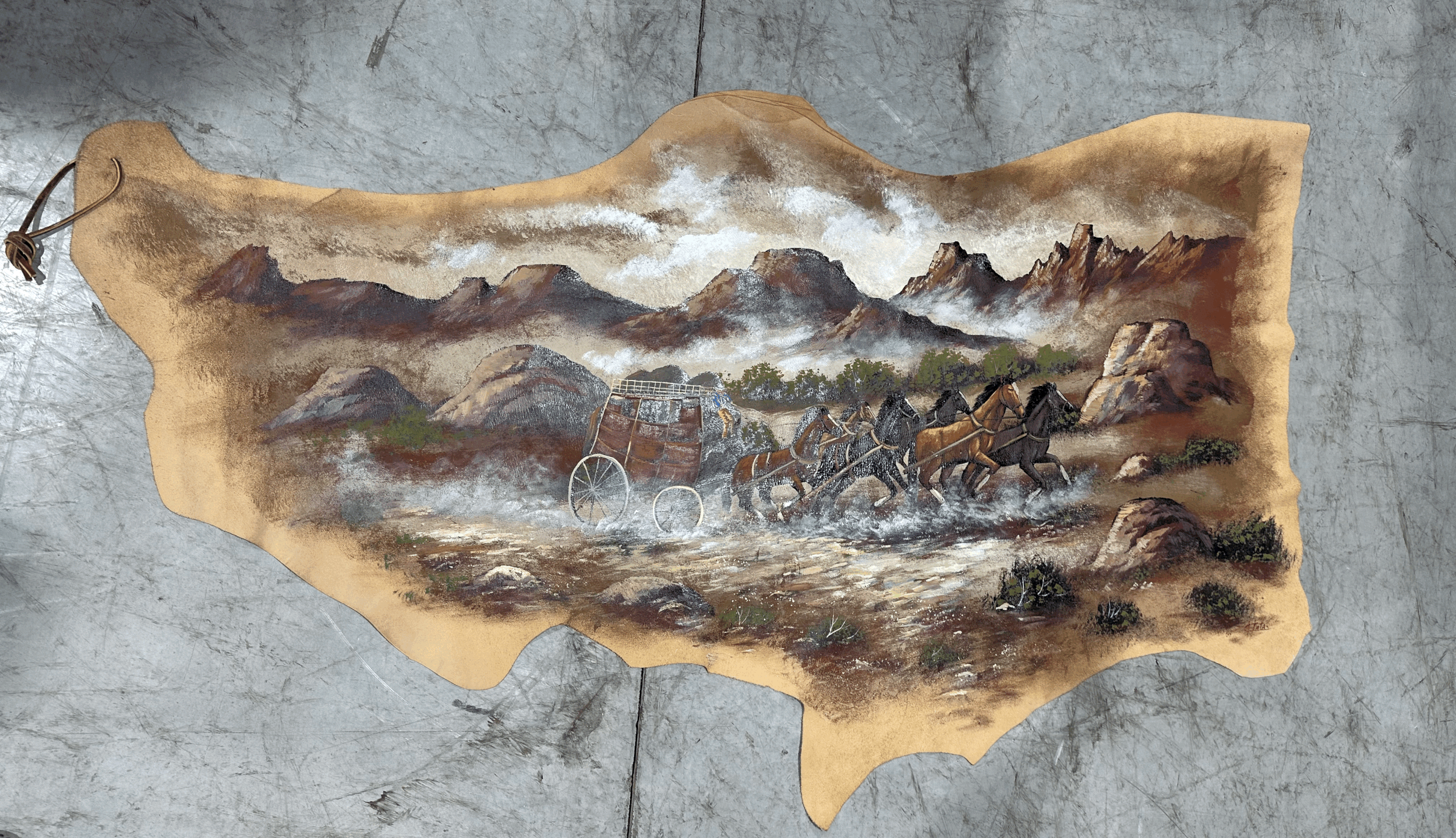 Hand-painted leather hide with western stagecoach scene