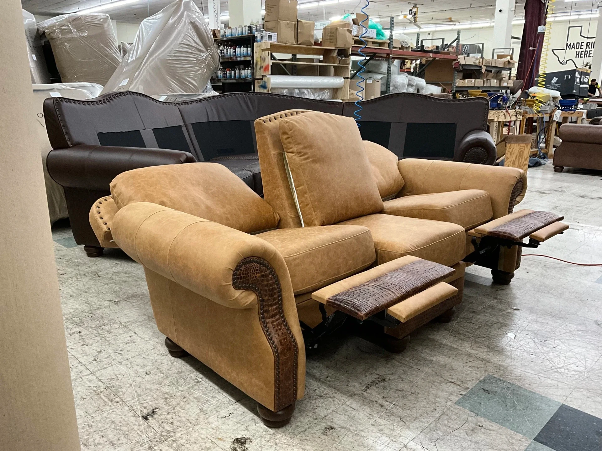 Full-grain leather reclining sofa with crocodile-embossed accents – Texas made
