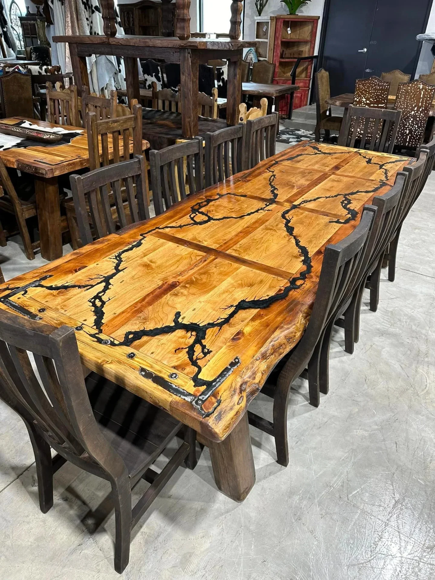 Fractal Lichtenberg-burned pine dining table with black burn lines