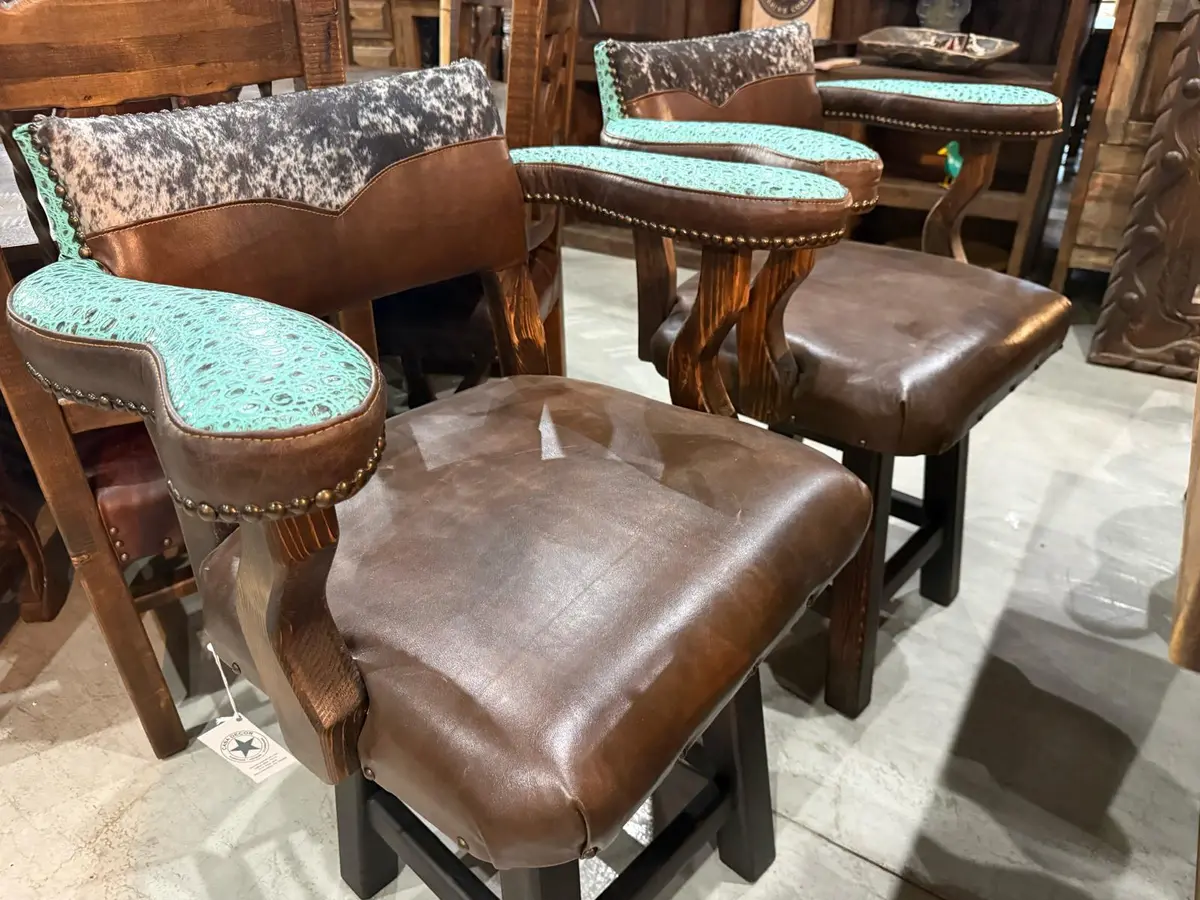 Western bar stools in cowhide and turquoise embossed leather, Weatherford TX